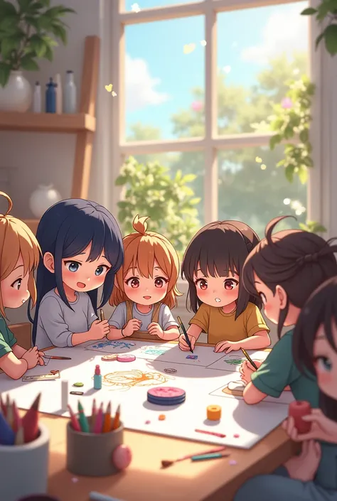 A group of people drawing and sculpture, chibi anime