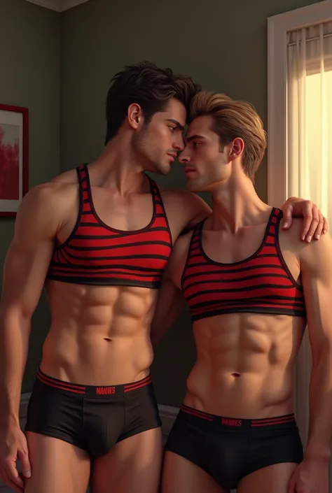 A man  in tank top under vest and red colour stripline on tank top under vest and were black trunk underwear and red colour stripline on underwear  with one boy friend in same clothes both Man are in home