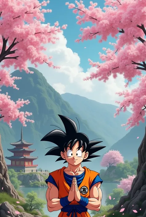 Son Goku smiling and praying under the sakura trees, mountains and trees, Buddha temples