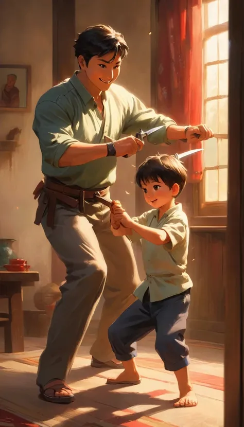 A Lesson in Attack
Description:
The father is teaching the son how to perform a simple attack move with the knife. The father stands behind the son, his arms guiding the son’s movements. The son holds the knife, his little paws gripping it tightly, his eye...