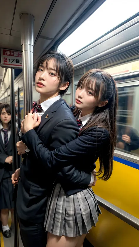 NSFW, crowded train, Japan , Handsome man hugging her from behind, Talking in her ear, lift her up, miniskirt twisted upwards, 40k, photograph, masterpiece, highest quality, dark gray background, ((Japan girls high school uniform)), A man leans on her from...