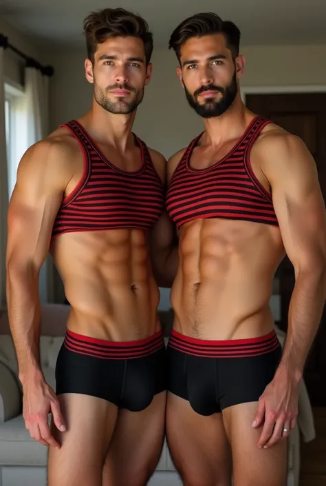 A man  in tank top under vest and red colour stripline on tank top under vest and were black trunk underwear and red colour stripline on underwear  with one boy friend in same clothes both Man are in home size difference 