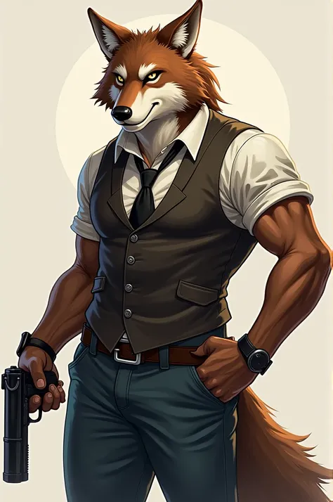 a cartoon wolf wearing a vest and holding a gun, anthropomorphic wolf male, anthropomorphic coyote male, an anthro wolf, an anthropomorphic wolf, handsome weasel fursona portrait, furry character portrait, retarded wolf portrait, anthropomorphic wolf, furr...