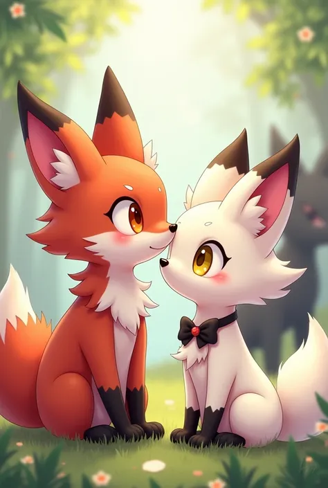 Red and pink Kemono fox male cute and a cute white fennec Kemono fox with yellow eyes black bow and necklace female in love and cute Kemono grey wolf in background upset and jealous 