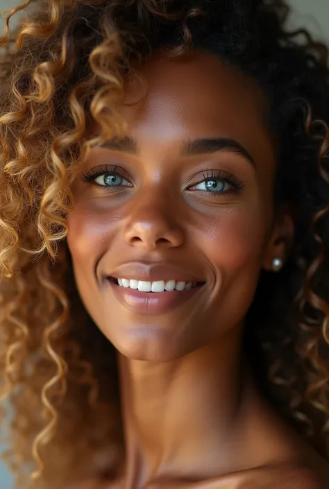 (photorealism:1.2), 
créer moi une photo dune belle fille type ethiopienne qui a les yeux bleu et les cheveux blond et frisé, qui sourit, qui a des legeres tache de rousseur et qui la peau fonsé