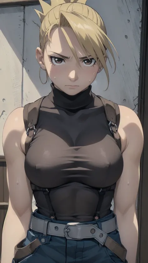 masterpiece, highest quality, High resolution, One Girl, Hamriz, ponytail, Brown eyes,big , Black Shirt, Tight shirt, holster, Short sleeve, belt, Covered navel, Blue pants,indoor、Upper body close-up、Muscular body、blush、Sweat、Composition from the front、ani...