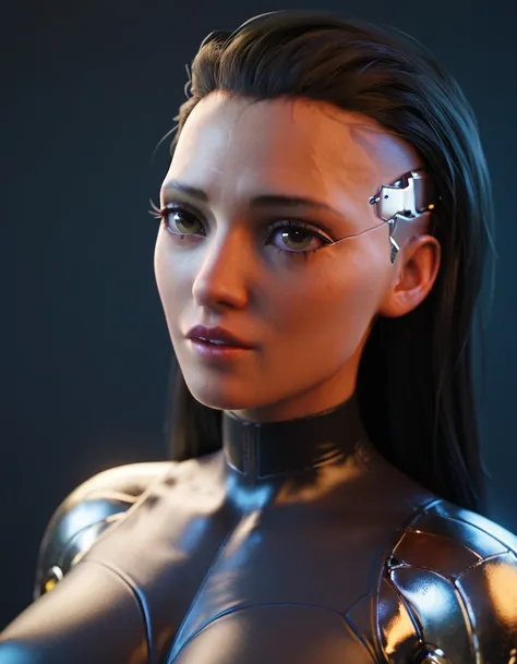 alita, bblack hair, eyes browns, eyes large, upper part, latex blouse, looking at the spectator, ssmile, metal body, robotic bod...