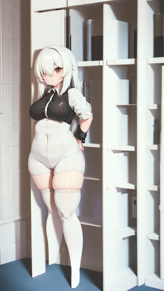 girl curvy,wide hips,white hair,(white thigh high stockings),((very small woman)),(standing),(((full body))),in the room