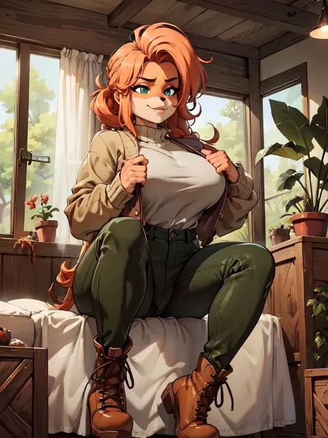 (best quality,4k,8k,highres,masterpiece:1.2),ultra-detailed,realistic:1.37,portrait,anthro bandicoot girl redhead, braided hair, beautiful green eyes, relaxing moment, sexy ,seductive, warm sweater, camouflage pants, army boots, smirking, cozy lighting, vi...