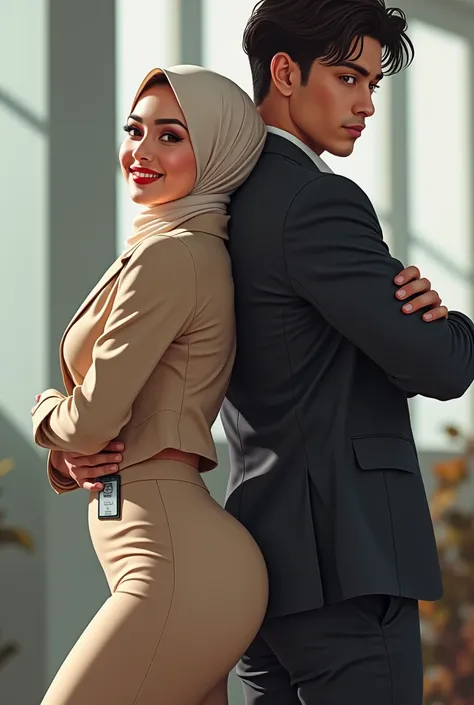 RAW, Best quality, high resolution, masterpiece: 1.3), beautiful Malay woman in hijab (iu:0.8),/(in a modern office/), 1lady solo, /(beige long pencil skirt jacket/) id card, blush on smile friendly, (best quality masterpiece: 1.2) very detailed, big breas...