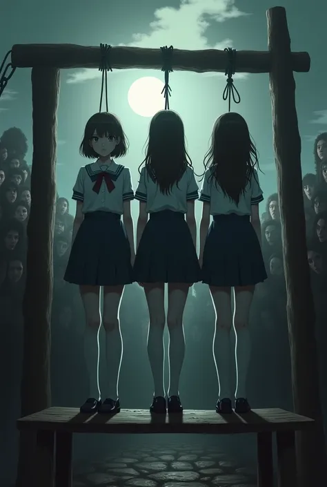 Scene of three schoolgirls in white thigh high stockings, hanged, execution, gallows, hovering in the air, many people around, noose, three school girls are standing together on the bench 