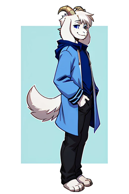 one man, alone, Asriel, Undertale, Asriel Dreemurr, smiling, blue eskimo coat, blue coat, tall, furry, Anthro, blue eyes, black blouse, black pants, goats paw, paw with metacarpal, goats tail, tail short, small, bushy tail, hair, hair and bangs on the righ...