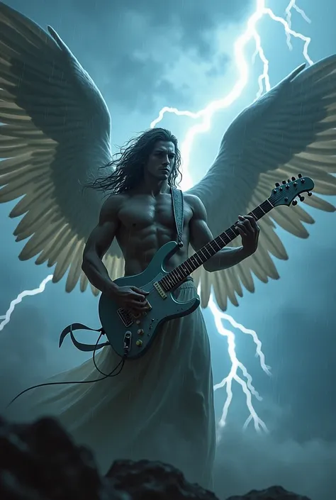 Male angel playing electric guitar in the middle of a thunderstorm