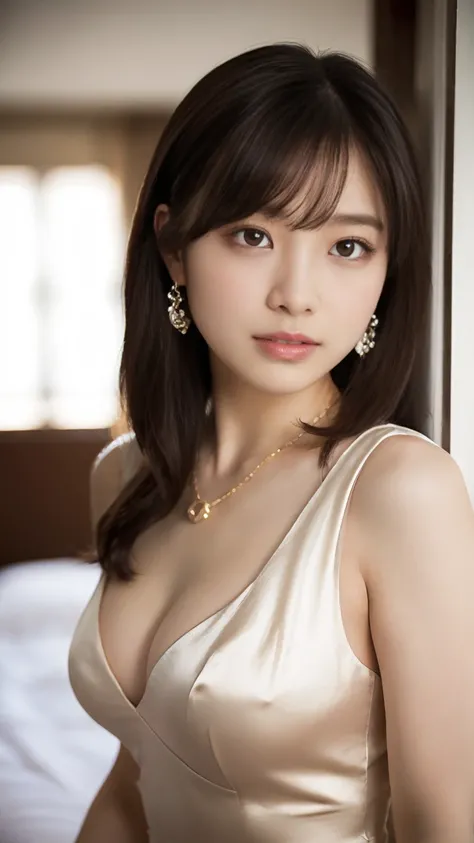 On the bed, 1 female, Beautiful Japanese actresses, Age 25, Double Eyes,mile, Detailed face, Big earrings，Large Necklace, Flashy makeup using red eyeshadow，light brown delicate middle cut hair，the tips of the hair are wavy，Classy hairstyle，fine grain,Slend...