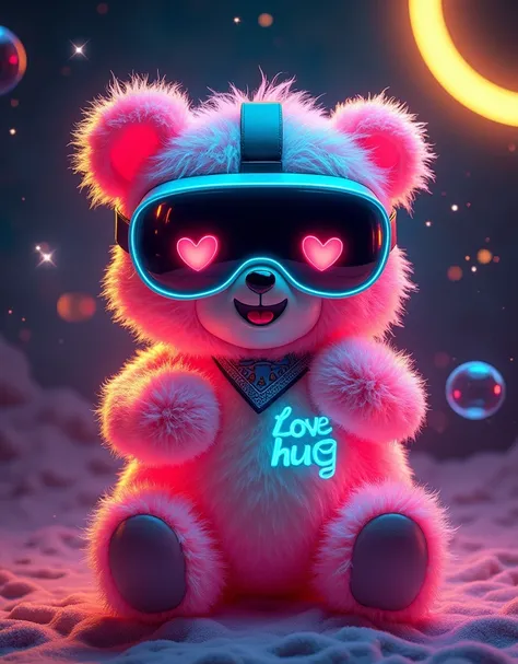 :: happy disco lights dark mode bear  on the background is neon yellow half moon and stars:: photo of 1 toy bear full body with fashion aqua blu bandana head band :: BEAR LOVE::, black mirror purple VR mask blue neon glow snowboard glasses and  pink fur fu...