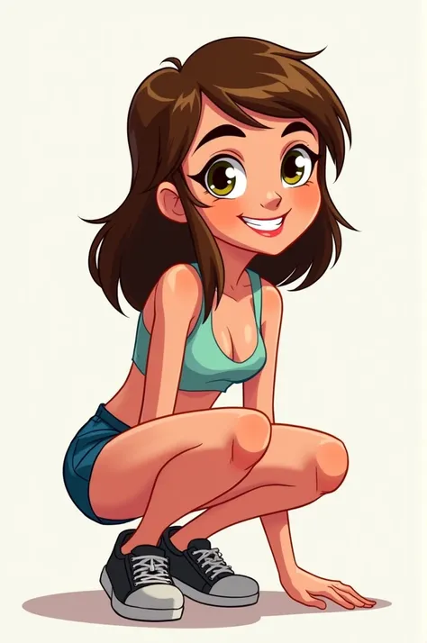 Cartoon,2D Girl (Ben 10  animated series Cartoon  style draw ) Squatting flat chest mini shorts happy   