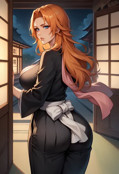 score_9, score_8_up, score_7_up, BREAK, score_9, defran, long hair, orange hair, blue eyes, mole under mouth, necklace, black robes, cleavage, pink scarf, white sash, black hakama pants, looking at viewer, cowboy shot, ass, from behind, dojo, night