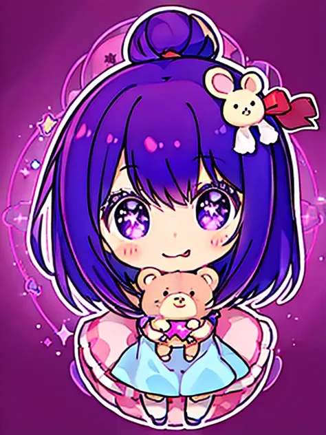 1girl, illustration, Hoshino Ai, Hoshino Ai wearing a very cute stuffed teddy bear, tongue out, tongue, (purple hair:1.2), purple eyes, smile, symbol-shaped pupils, star-shaped pupils, hair ornament, hands up, A very cute stuffed brown bear, (Photorealism,...