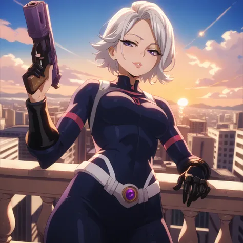 (NSFW) Detailed, best quality, 1 female, low angle, cowboy shot, big tits, MHA style, World Hero Association suit, gun gauntlets, short white hair, spiky hair, purple eyes, fully lidded eyes, puckered lips, evil eyes, no smile, stocky, muscular, balcony, c...