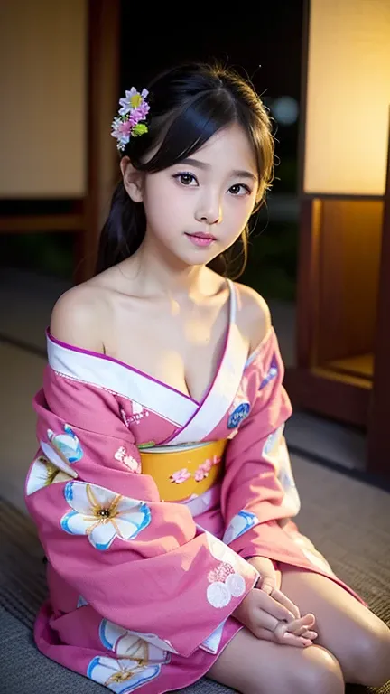 (11-years old girl:1.5), detailed off shoulder, sitting in detailed yukata, adorable, , Kimono for summer festivals, Japanese festival, Cleavage, Mature young girl crouch in detailed yukata, Kimono for summer festivals, Japanese festival, Large flower embr...