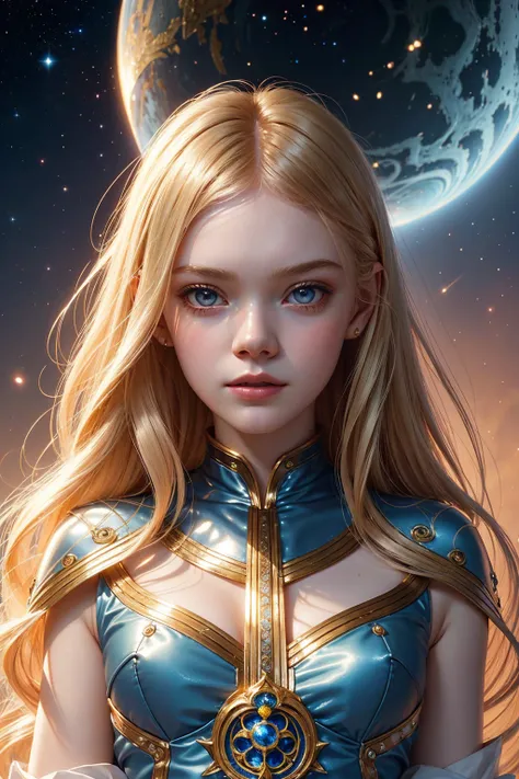 portrait Elle Fanning, wearing sexy sailor moon outfit, against the background of the planet Earth, 6 0 3 0 s, curly hair, intricate, elegant, highly detailed, digital painting, artstation, concept art, smooth, sharp focus, illustration, art by thomas kind...