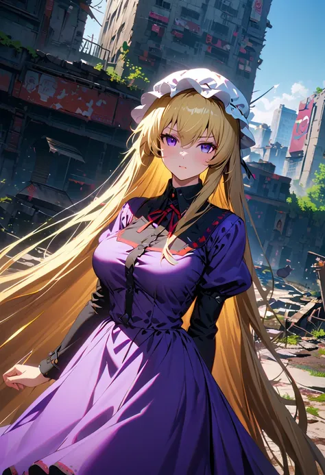 {yakumo_yukari_touhou:1.15},long shot of a girl standing in the ruins of a high-rise building,ivy-covered ruins,(((ruins of a bi...