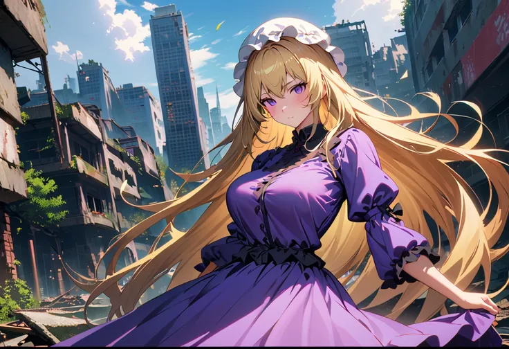 {yakumo_yukari_Touhou:1.15},Long shot of a girl standing in the ruins of a high-rise building,Ivy-covered ruins,(((Ruins of a big city)),((masterpiece, Highest quality, Extremely detailed CG, unity 8k wallpaper )),(masterpiece, Highest quality, Highest qua...