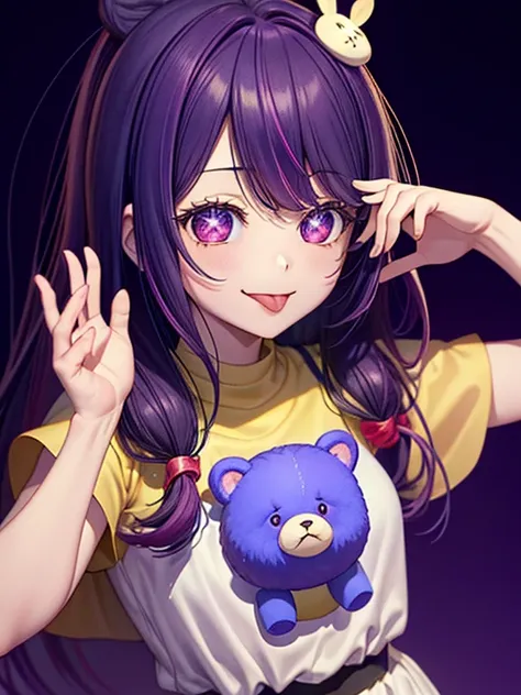 1girl, illustration, Hoshino Ai, Hoshino Ai wearing a very cute stuffed teddy bear, tongue out, tongue, (purple hair:1.2), purple eyes, smile, symbol-shaped pupils, star-shaped pupils, hair ornament, hands up, A very cute stuffed brown bear, Chibi, (Photor...