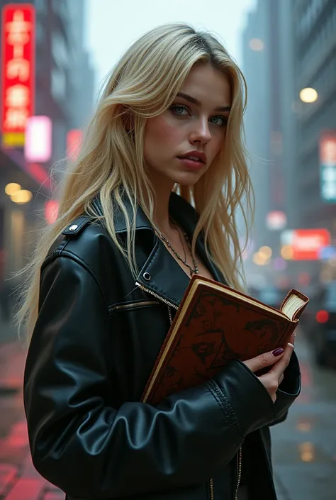 teenager, beautiful blonde, laid back, stylish, with diary in hand.cyberpunk
