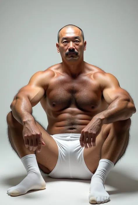 40 years old，Hidetoshi Nakata，（Kogoro Mori 1.3），Oriental face，whole body，Lean，muscle，Sitting，Legs open，White socks，Baldhead ，transparent，Thick body hair，White lingerie，Topless，Densely hairy，Fortitude，HD，With a mustache