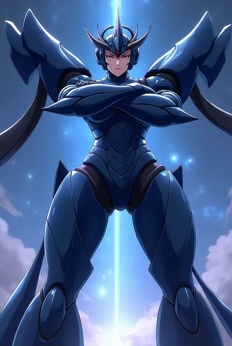 Deep indigo, anime, Giant Robot, Curved, fluid, Junmin, Beast Mode, Fighting, Muscular, Thin legs, Full body image of a female super robot, Simple Background,universe, Arms crossed,