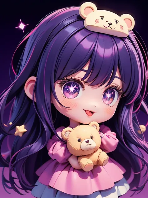 1girl, illustration, Hoshino Ai, Hoshino Ai wearing a very cute stuffed teddy bear, tongue out, tongue, (purple hair:1.2), purple eyes, smile, symbol-shaped pupils, star-shaped pupils, hair ornament, hands up, A very cute stuffed brown bear, Chibi, (Photor...