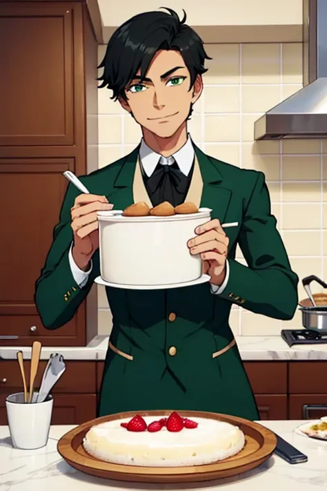 Perfect face. Perfect hands. A handsome black haired man with green eyes and short hair in a butlers uniform is smiling while baking a cake in a fancy kitchen