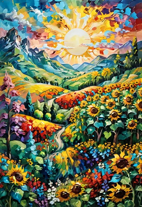 masterpiece, best composition, dynamic composition, colorful landscape painting with sunflowers, trees and hills, colorful lands...