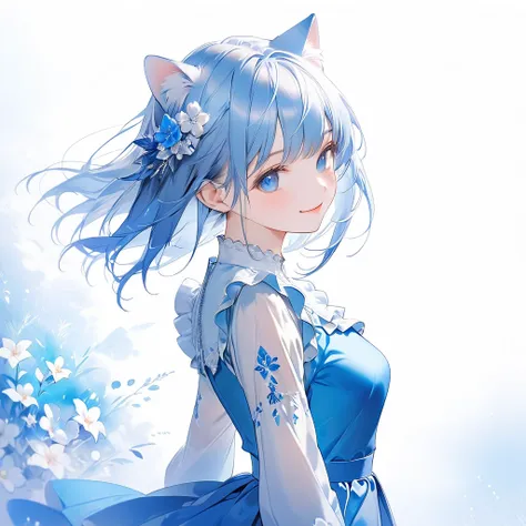 (Transparent blue theme art),(Highest quality),(masterpiece),(Medium Shot:1.5),((Shine)),((Put your arms behind your back)),Silky to the touch,Hyper Detail,(1 girl),(alone),Delicately painted face,She had a beautiful face.,Beautiful detailed clear blue eye...