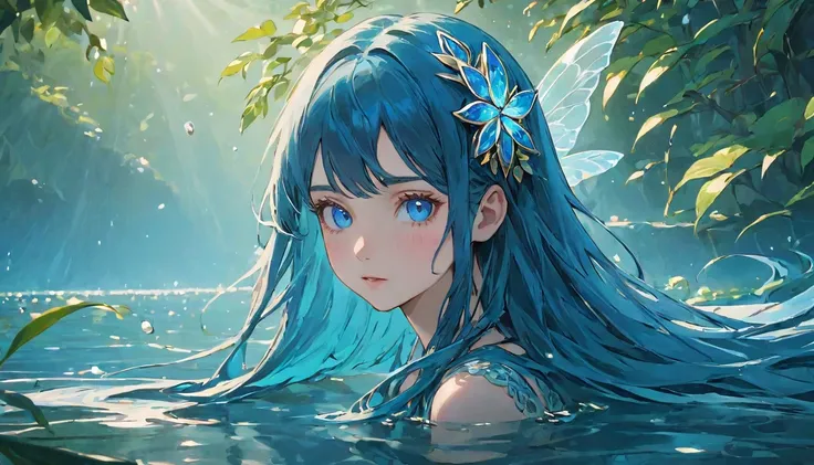 blue eyes beautiful water fairy girl, full body, game art style, (masterpiece), highest quality, high resolution, 4k, 8k, detail...