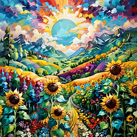 masterpiece, best composition, dynamic composition, colorful landscape painting with sunflowers, trees and hills, colorful lands...