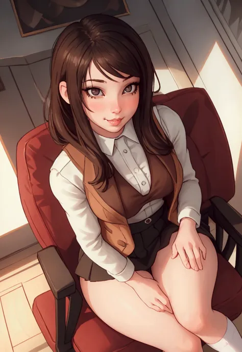 1 woman, sitting on chair with her feet up, mini skirt, white socks, showing panties, looking down at you with smirk, extremely detailed face, detailed eyes and lips, photorealistic, cinematic lighting, masterpiece, 8k, high quality, intricate details