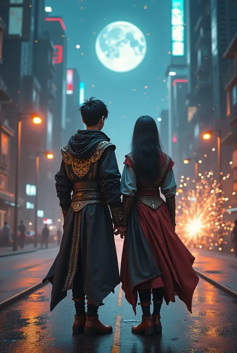 a young couple, both of them wear fantasy jacket costume, long pant costume, wear boots shoes, standing on middle road of the city, at night, lighting lamp, moonlight, starlight, sci-fi, fantasy, future background fire sparks, boom, future cars, cinematic,...