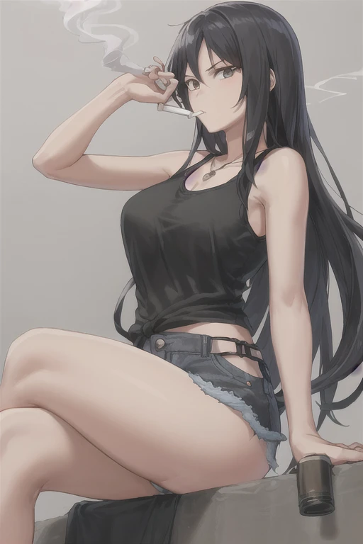 Highest quality,high resolution,２d,(Cel animation style),One woman,30 year old Asian female,(Straight long black hair),((Black tank top)),((Denim shorts)),((1 Shooting with a pistol in each hand.3)),(Skull Necklace),Black sneakers,(Beautiful face with a na...