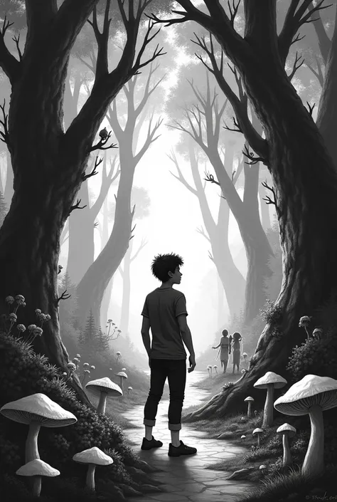 Create a black and white A4 size drawing, of a fantastic world, with a young man with his back turned in the foreground, looking at a trail in front of you, with a forest of trees and mushrooms on both sides ,  with fairies and elves watching the young man...