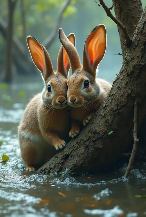 Two rabbits are sheltering in the flood water on the slope of a broken tree