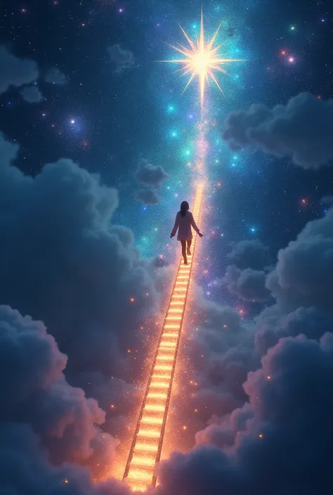 climbing a ladder of light , followed him fervently , On every step , Uma estrela , in every star , a dream of color