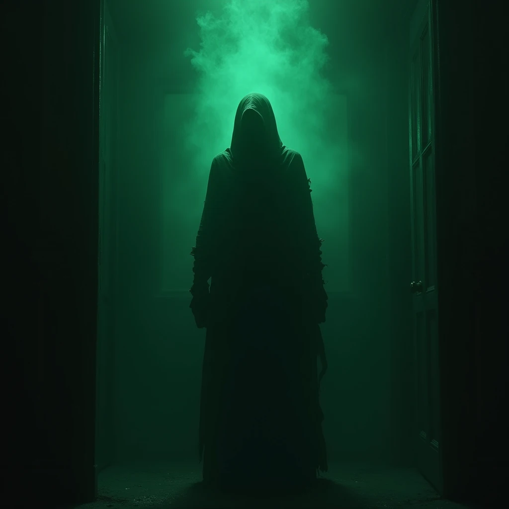 A shadowy figure stood in the center of the room, surrounded by a strange green light. The figures face is not visible, only hidden in its shadow and darkness.

