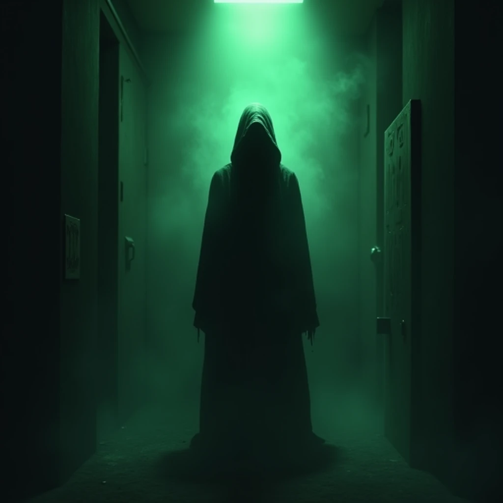 A shadowy figure stood in the center of the room, surrounded by a strange green light. The figures face is not visible, only hidden in its shadow and darkness.

