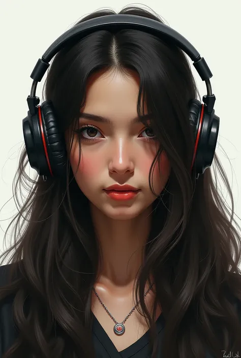  Wearing headphones, face facing forward, long hair