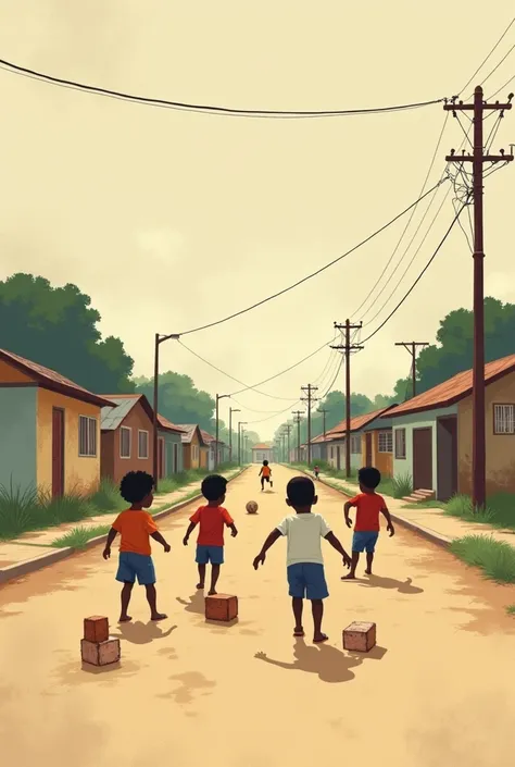 Create an illustration in a minimalist, stylized aesthetic with flat colors and textured background similar to canvas, featuring a group of black children playing soccer in the middle of a quiet street. The street is lined with modest houses, some with old...