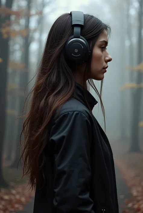  Wearing headphones, face facing forward, long hair, whole body