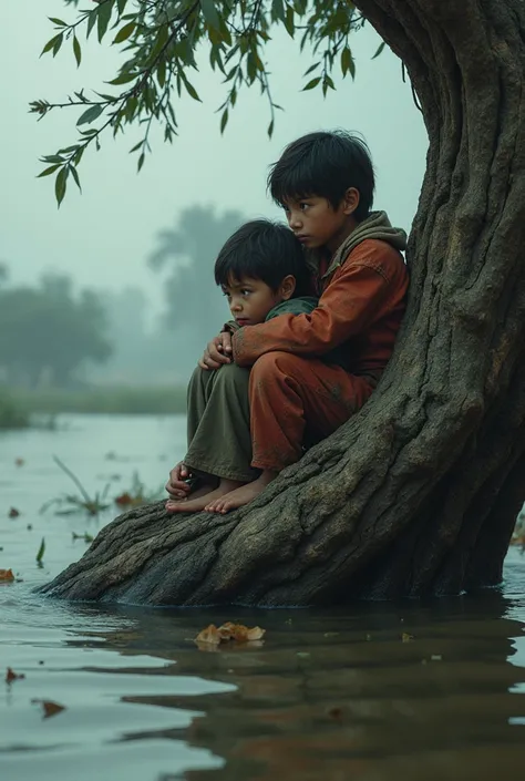 Two poor child are sheltering in the flood water on the slope of a broken tree