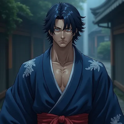 imagine a cute man with very dark blue hair and an aura of charisma who has the power and face of akainu in one piece with a dark blue kimono fading to light blue with a red belt